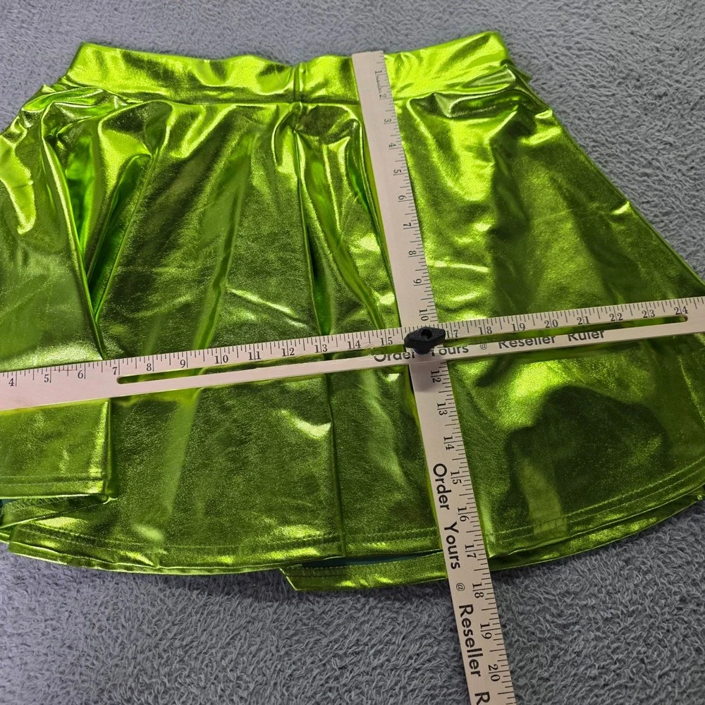 EXCHIC Women XL Skirt Set Lime Green Metallic Skater Skirt Sheer Glitter Top